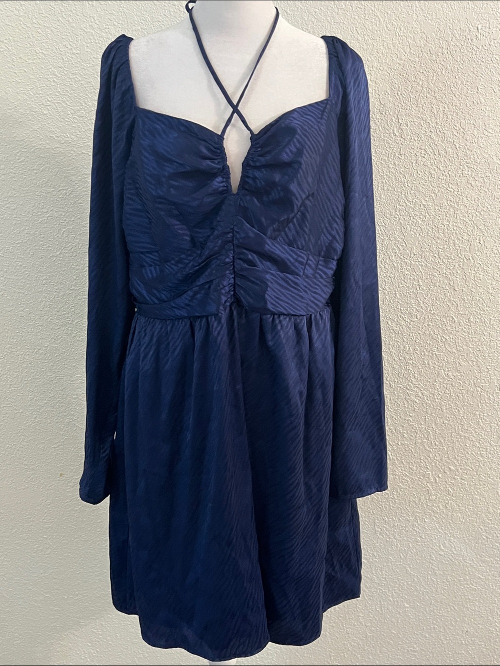 Aqua Navy Long-Sleeve Ruched Midi Dress